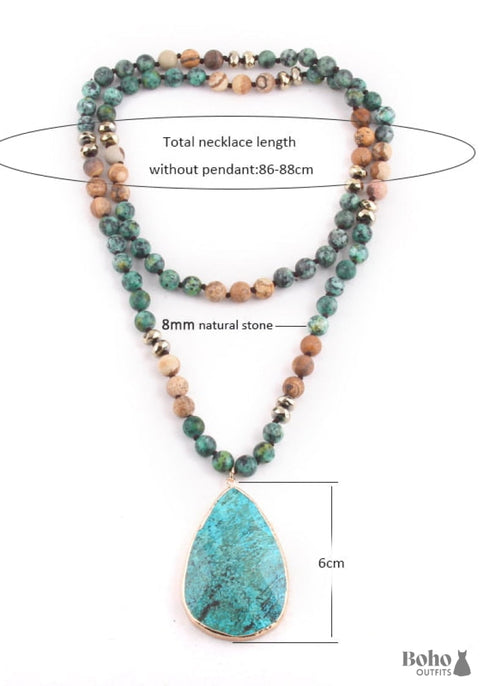 Boho Necklace, RH India Agated Green Oval Natural Stone